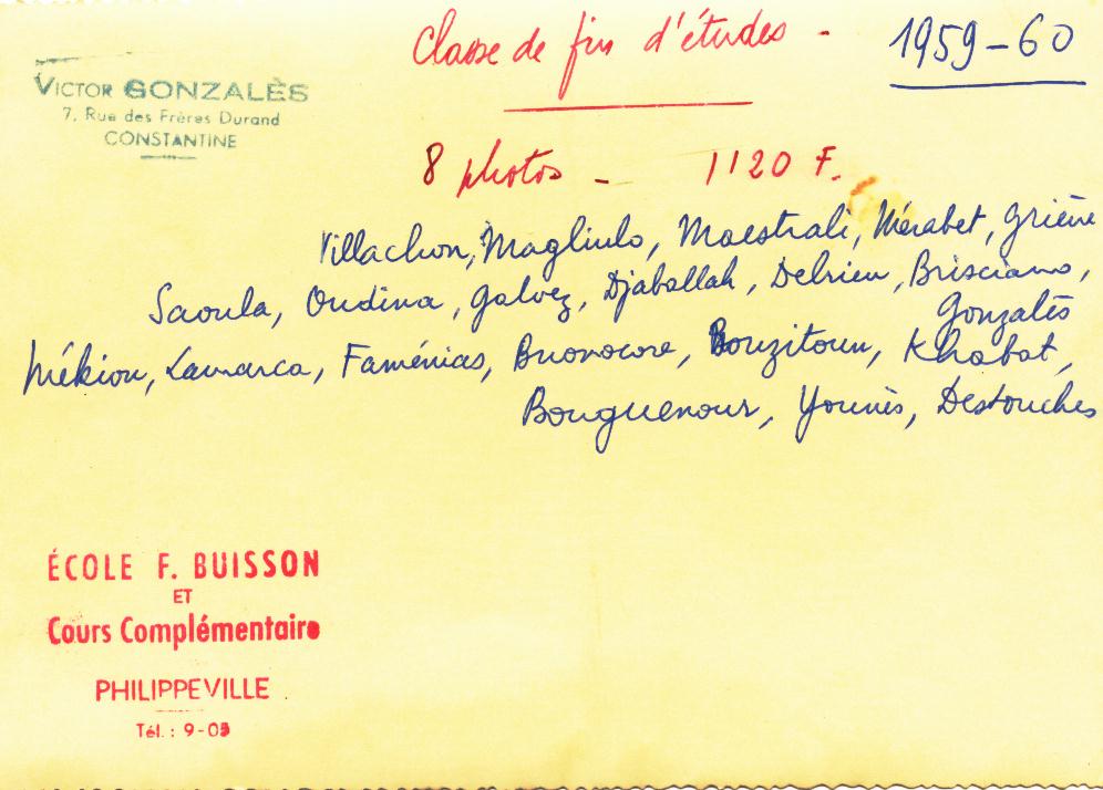 Verso de la photo 1959-60